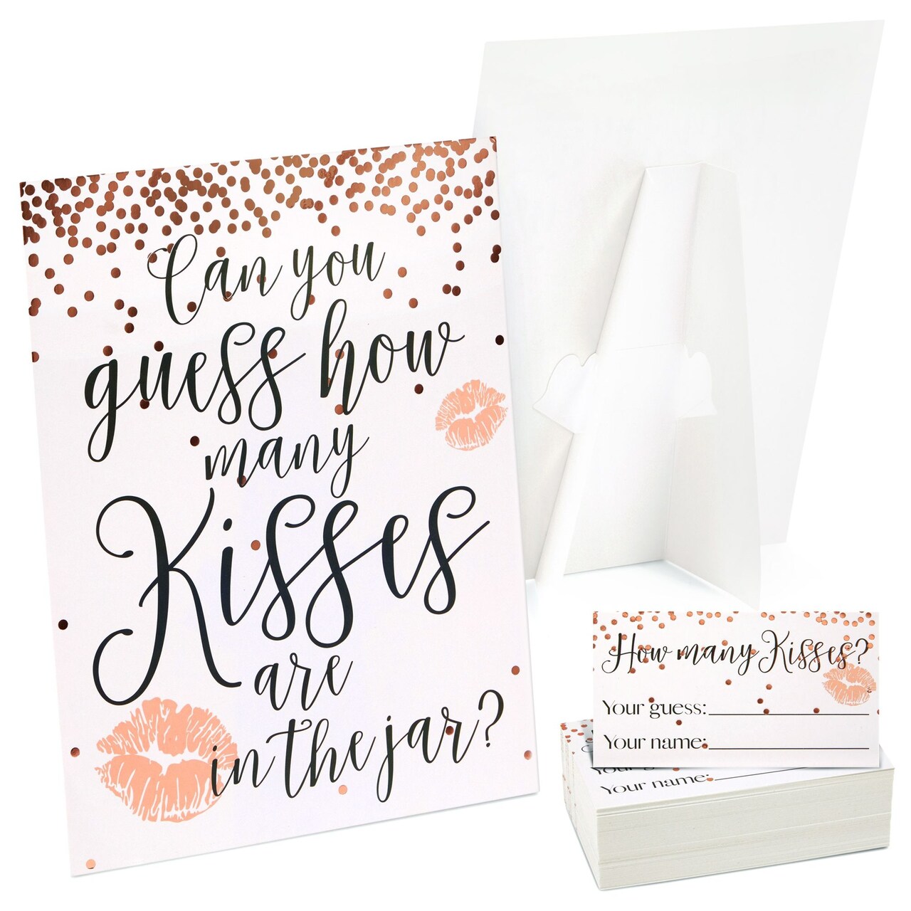 Guess How Many Kisses Bridal Shower Game for 60 Guests for Wedding (1 Rule Board, 60 Guessing Cards)